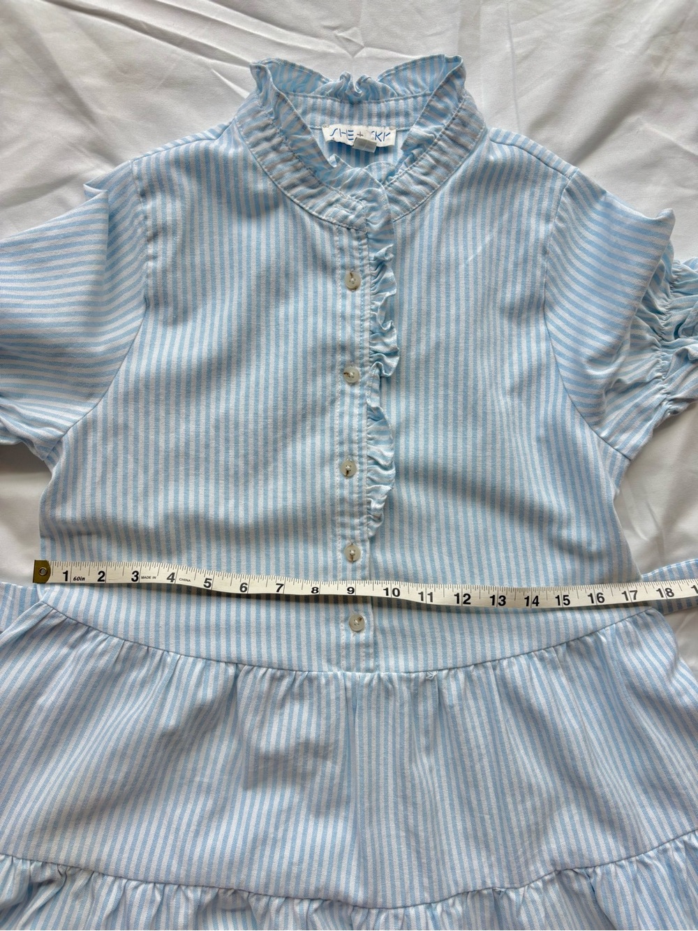 She + Sky  Blue and White Striped Ruffle Collar Tie-Waist Dress - Picture 4 of 7